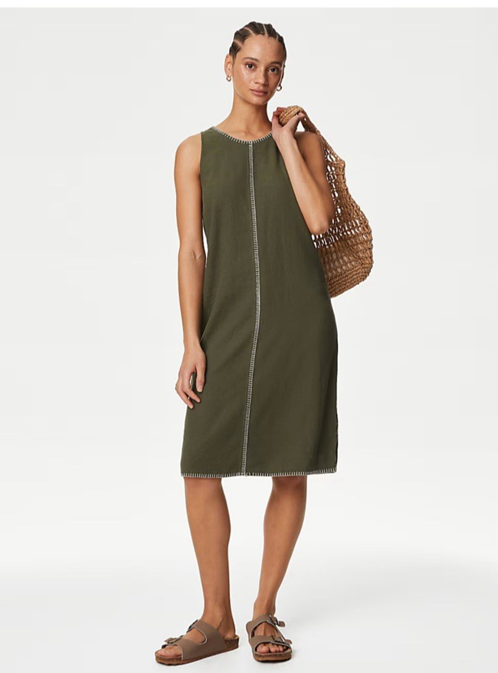 M&S Marks And Spencer Dress US 14 Linen Rich Green Vacation Resort Wear Shift